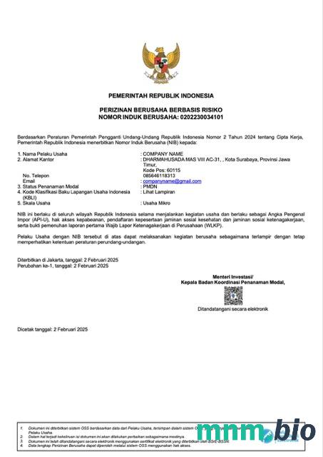 Indonesia vcertyfikat of inkorporacja Word i szablon PDF